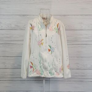 Quaker Factory Jacket - White with Embroidered Tropical Fish Womens Size XL